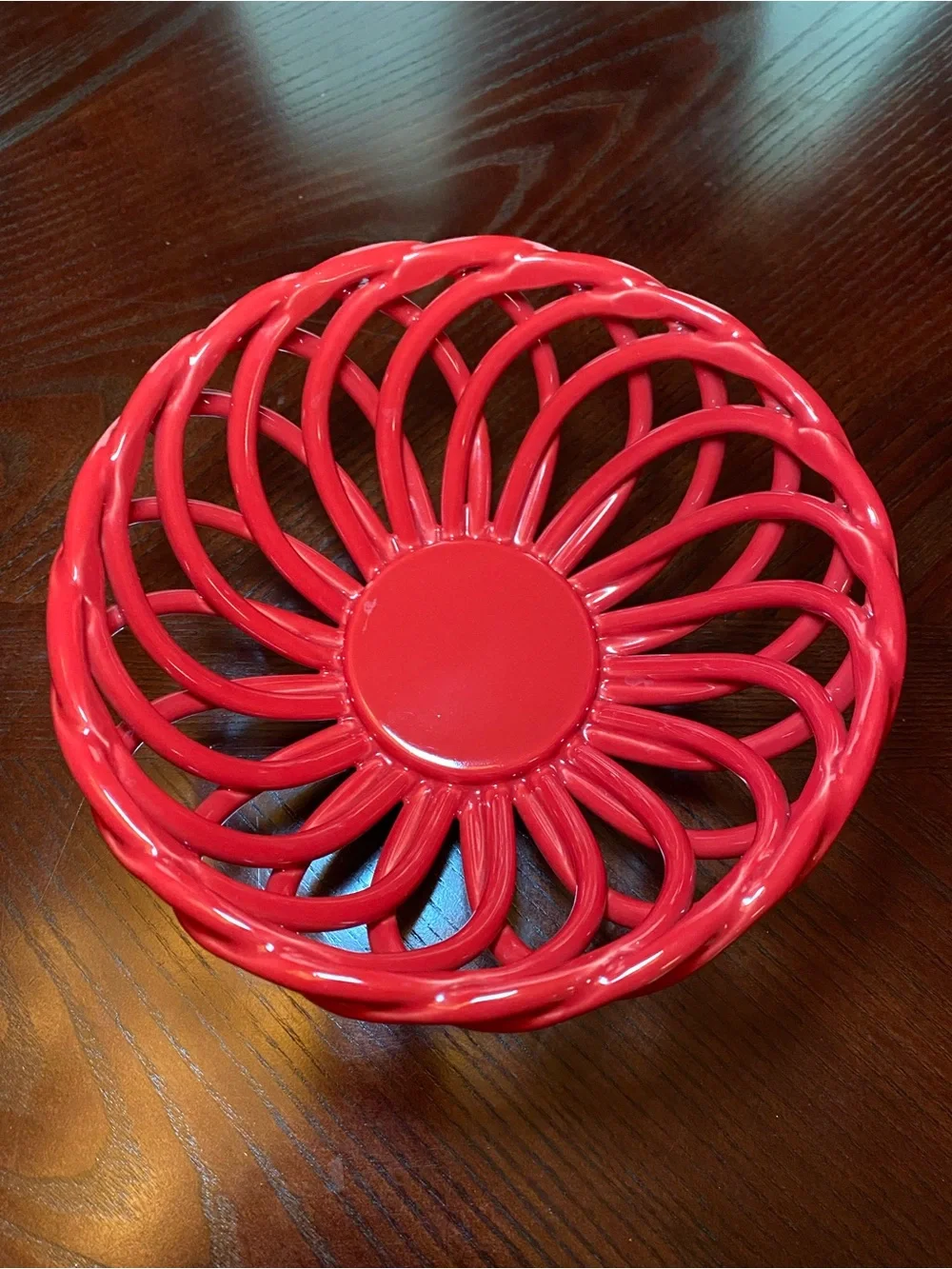 Vibrant Red Ceramic Open Weave Lattice Decorative Bread or Fruit Bowl 8.5 inch